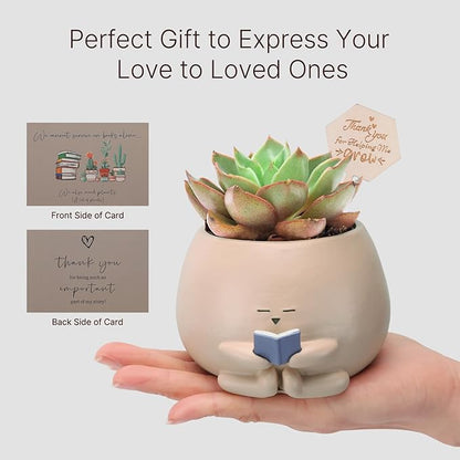Bookworm Planter Pot Succulent Pot for Book and Plant Lover & Thank You Card, Emotional Support Gift, End of School Gifts, Teacher Gift Mother Dad Appreciation