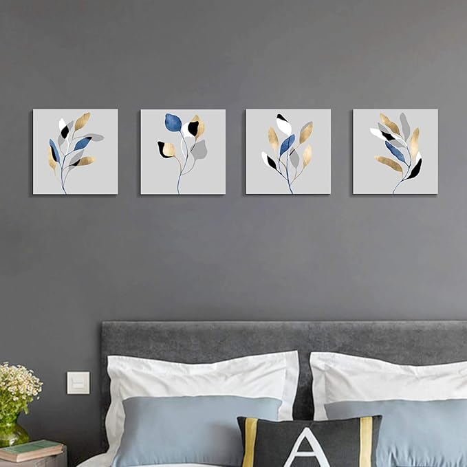 ARTISTIC PATH Leaf Artwork Nature Picture Painting: Branch with Golden Leaves, 4 Pieces Wall Decor Set (16" W x 16" H x 4 PCS,Multi-Sized)