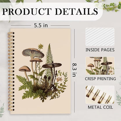 nvucamd Vintage Mushroom Spiral Notebook, Cottagecore Mushroom Journal Notebook, Retro Botanical Journaling Notebooks for Women, Mushrooms Gifts Office Supplies, 5.5x8.3Inch