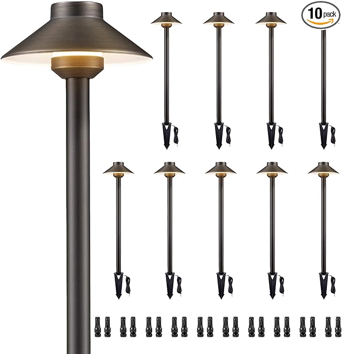 Gardenreet Solid Brass Landscape Path Lights - 12V Low Voltage Pathway Light IP65 Waterproof, Outdoor Walkway Fixture Hardwired, Hat-top Antique Bronze for Patio Lawn G4 Bulb Not Included (10 Pack)