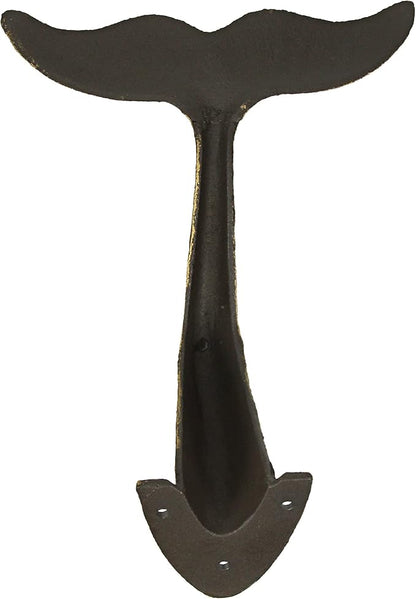 Bronze Finish Cast Iron Whale Tail Decorative Garden Hose Holder Wall Mounted Hook - Easy Install - Home Storage - Outdoor Nautical Decor - 10.5 Inches High