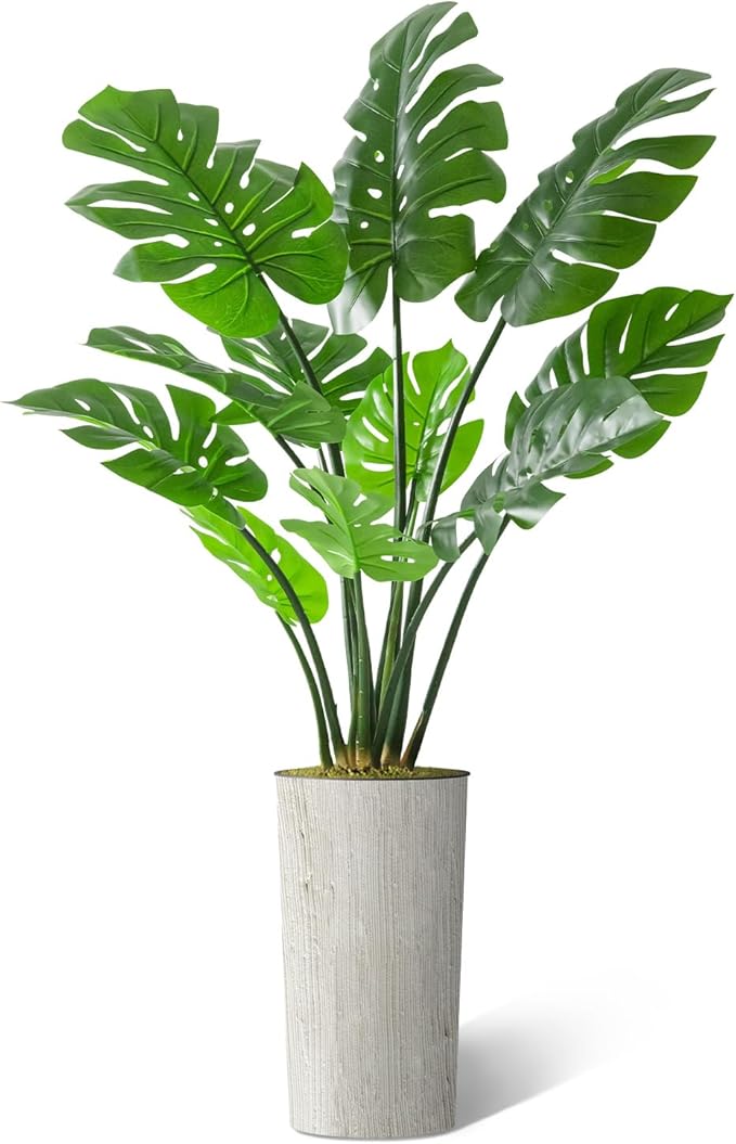 Artificial Tree in Modern Swirl Pattern Planter, Fake Monstera Silk Tree for Indoor and Outdoor Home Decoration - 65" Overall Tall (Plant Pot Plus Tree)