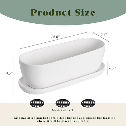 E-liu Oval Ceramic Planter Pot with Drainage Hole Saucers 14 Inch Succulents Planter Home Decor for Indoor Outdoor Plants Herb Cactus with 3 Mesh Pads, Plants Not Included, Black