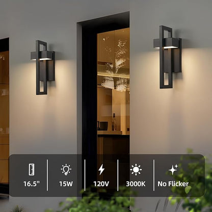 tewei 16.5'' Modern LED Outdoor Wall Sconce, Integrated LED Outdoor Light Fixtures Wall Mount Exterior Lights, Black Front Porch Outside Lighting for House, Backyard, Warm White 3000K, 2 Pack