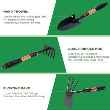 Garden Tool Set, 4 Pack Gardening Tools, Stainless Steel Heavy Duty Hand Cultivator, Hoes, Shovel, for Planting Weeding Digging, Gardening Gifts for Women,Orange