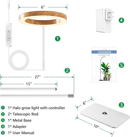 One Head Grow Light for Indoor Plants Full Spectrum - Floor Standing Plant Lamp with Auto Timer 6/12/18H, 5-Level Dimmable & Adjustable Height 16.5-68in for Large Tall Plants | Faux Wood Design