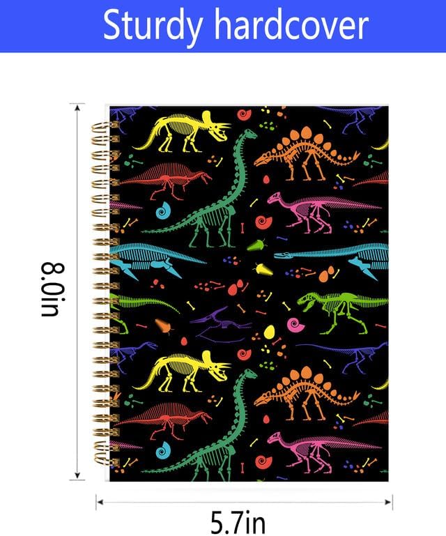 Spiral Journal Notebook,A5 Hardcover Lined Journals for Women Girl 6 x 8.3 in,120 Pages Thick Paper,Cute College Ruled Writing Notebook for Gifts Office Work School(Colorful Skeleton Dinosaurs)