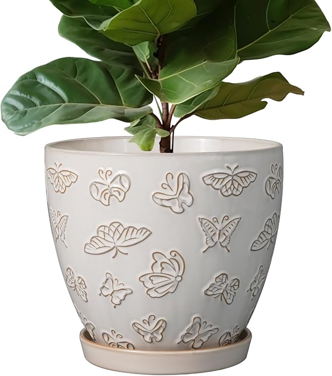 Ceramic Planter Pot 10 Inch- Large Plant Pot with Drainage Hole and Saucer Modern Round Flower Pot for Indoor Outdoor Plants White