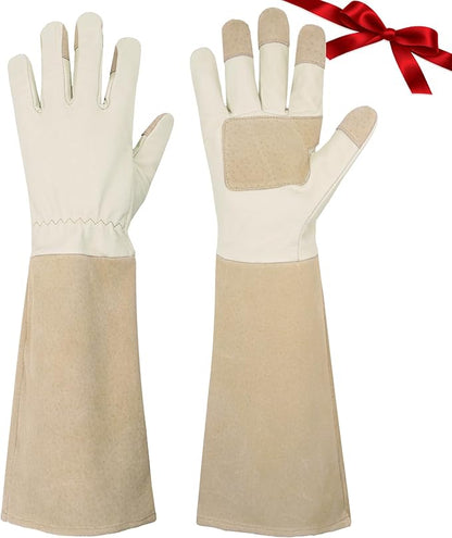 HANDLANDY Pruning Gloves Long for Men & Women, Pigskin Leather Rose Gardening Gloves- Breathable & Durability Gauntlet Glove (Small, Beige)