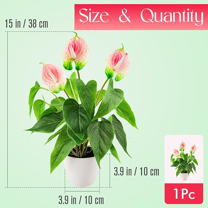 Folmywy Artificial Flower 15 Inch Anthurium Fake Plant Indoor Faux Simulation Tropical Flowers Pink in Plastic Pot Realistic Bonsai Greenery Table Centerpieces Shelf Decor Outdoor Garden