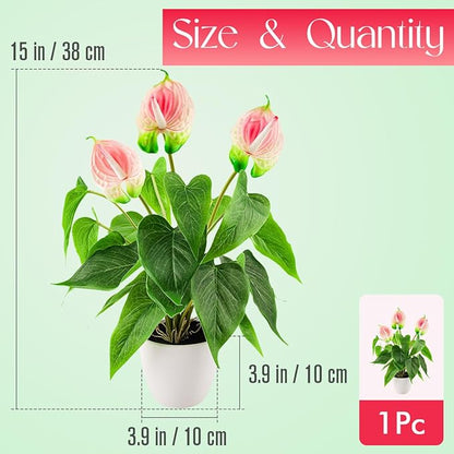 Folmywy Artificial Flower 15 Inch Anthurium Fake Plant Indoor Faux Simulation Tropical Flowers Pink in Plastic Pot Realistic Bonsai Greenery Table Centerpieces Shelf Decor Outdoor Garden
