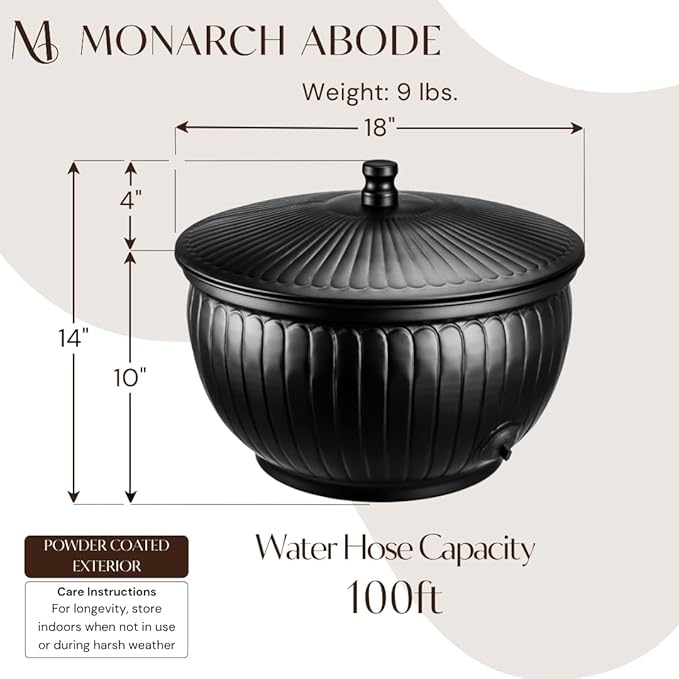 Monarch Abode Garden Hose Holder with Lid – Decorative Water Hose Holders for Outside, Arch Embossed Metal Matte Black Pot with Drainage, 100ft Waterhose Holder for Outside, Garden Storage Caddy