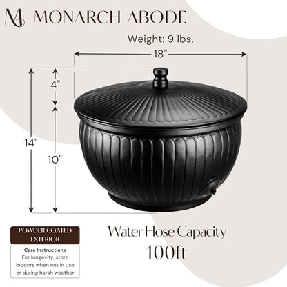 Monarch Abode Garden Hose Holder with Lid – Decorative Water Hose Holders for Outside, Arch Embossed Metal Matte Black Pot with Drainage, 100ft Waterhose Holder for Outside, Garden Storage Caddy