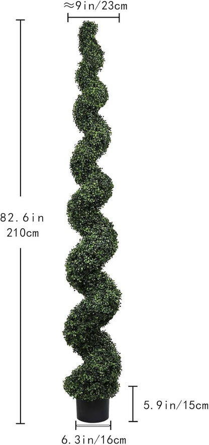 7ft Tall Artificial Spiral Topiary Trees Outdoor Set of 2, Faux Boxwood Plants for Front Porch & Indoor Home Decor, UV-Resistant 7 Foot Large Fake Plants for Patio, Garden, Entryway Decor