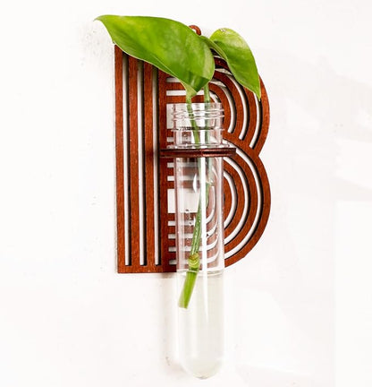 Wood Letter Wall Planter Terrariums Propagation Station with Test Tube Clear Flower Vase for Hydroponics Custom Vertical Garden Walnut DIY Home Decor Hanging Plant Holder Alphabet B