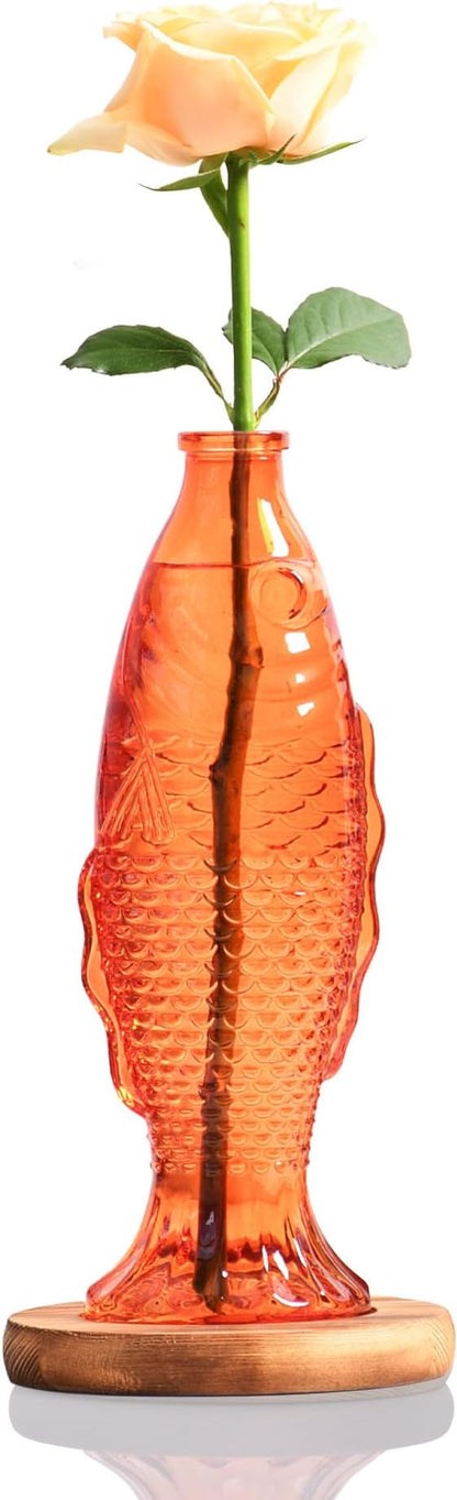 Nacome Fish Vase Propagation Stations: Glass Plant Terrarium with Wooden Stand for Home Office Desk Decor, Unique Gifts for Plant Lovers Women Mom (Orange)