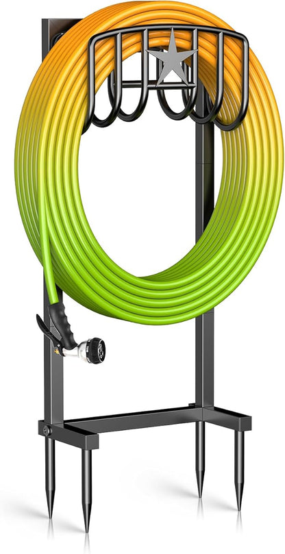 Garden Hose Holder – Heavy-Duty Freestanding Metal Stand, Holds 150FT Hose, with Stable 4-Spike Base, Easy to Install for Outdoor Yard, Lawn, Garden (Black)