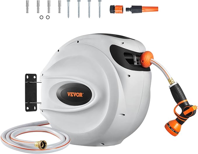 VEVOR Retractable Hose Reel, 100 ft x 1/2 inch, Garden Water Hose Reel with 9-Pattern Nozzle, 180° Swivel Bracket Wall-Mounted, Automatic Rewind, Lock at Any Length, with Slow Return System