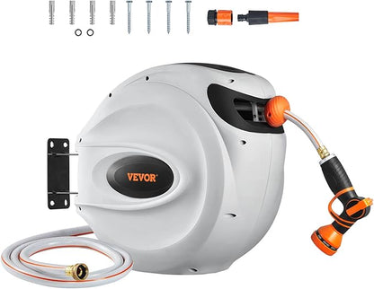 VEVOR Retractable Hose Reel, 100 ft x 1/2 inch, Garden Water Hose Reel with 9-Pattern Nozzle, 180° Swivel Bracket Wall-Mounted, Automatic Rewind, Lock at Any Length, with Slow Return System