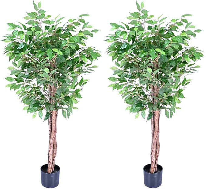 2pcs 5ft Decorative Fake Ficus Tree Indoor, Artificial Trees Indoor for Home Decor, Potted Faux Tree Plant with Realistic Silk Leaves, Natural Triple Wood Trunk for Outdoor, Office