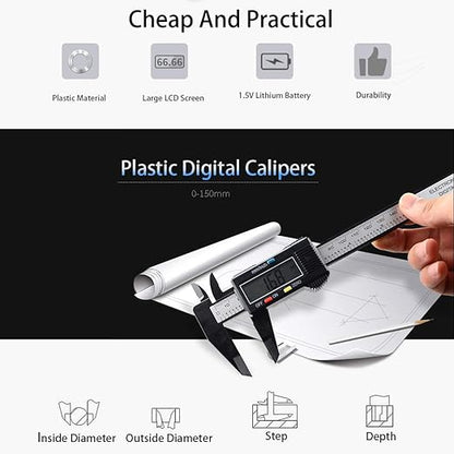 Electronic Digital Calipers, inch and Millimeter Conversion,LCD Screen displays 0-6" Caliper Measuring Tool, Automatic Shutdown, Suitable for DIY/Jewelry Measurement (New150mm Black Plastic)