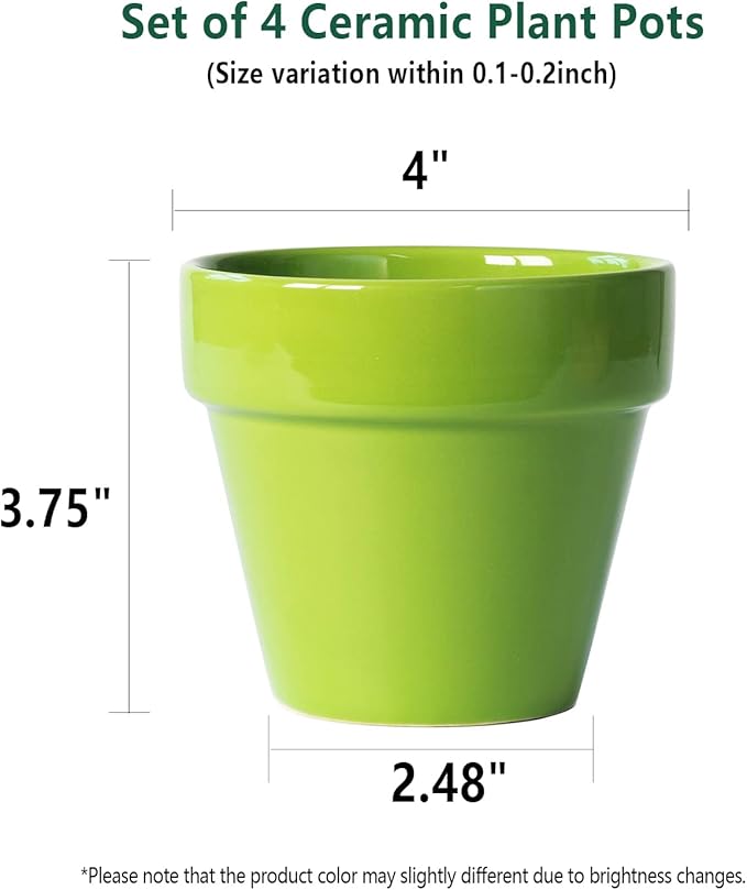 YBX 4-Inch Ceramic Plant Pots Outdoor Garden Planter Round Flower Pot with Drainage Hole Green (Pack 4)