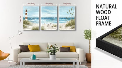 Large Framed Coastal Wall Art - Summer Beach Lanscape Wall Decor Painting 16"x24" Set of 3 Seabird Lighthouse Prints Ocean Waves Canvas Pictures for Living Room Bedroom Office Artwork