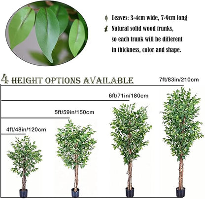 5ft Decorative Fake Ficus Tree Indoor, Artificial Trees Indoor for Home Decor, Potted Faux Tree Plant with Realistic Silk Leaves, Natural Triple Wood Trunk for Outdoor, Office