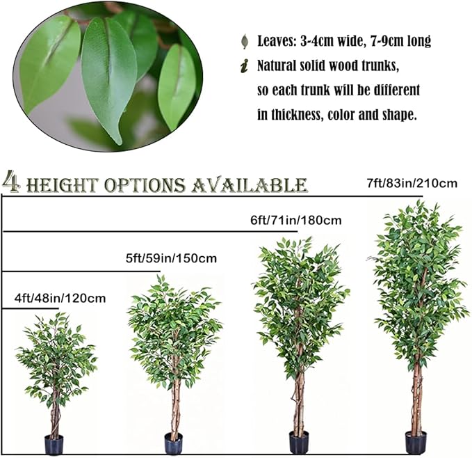 2pcs 6ft Decorative Fake Ficus Tree Indoor, Artificial Trees Indoor for Home Decor, Potted Faux Tree Plant with Realistic Silk Leaves, Natural Triple Wood Trunk for Outdoor, Office