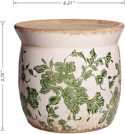 Rustic Ceramic Pots for Plants, 6.21in. Vintage Crackle Glazed Planters for Indoor & Outdoor Plants with Drainage Hole, Unique Planting Pots for Gardening, Tuscan Decor Plant Pots Indoor, Green Leaf