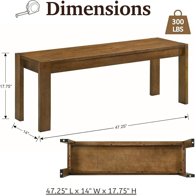 LukeAlon Solid Wood Dining Bench, 47.25" Walnut Farmhouse Entryway Bench, Narrow Rustic Long Bench for Hallway Kitchen Dining Room Bedroom Living Room