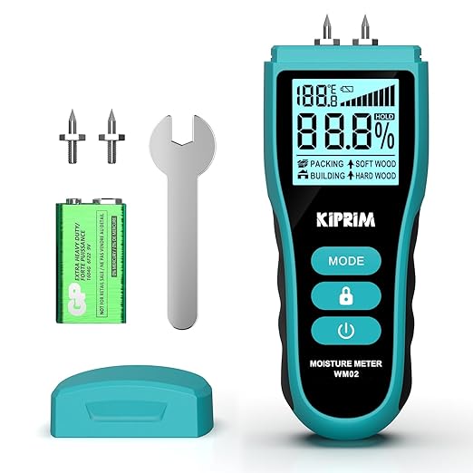 Kiprim Pin-Type Moisture Meter for Wood, Wall, Packing, Building – Digital Moisture Detector with LCD Display, Temperature (°C/°F), Hold Function, 4 Material Modes, Replacement Pins Included WM02