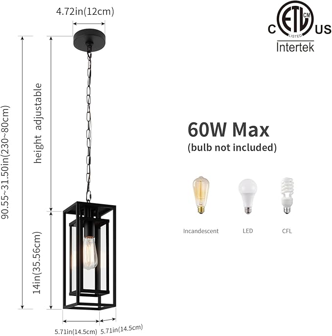 mirrea 14" Outdoor Pendant Lights for Front Porch Hanging Lamps for House Outside Lighting Fixture for Patio Exterior Chandelier for Entryway Ceiling Lanterns for Gazebo