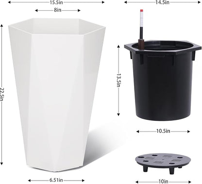 22.4 Inch Tall Planters for Outdoor Indoor Plants Set of 2, Tapered Large Flower Pots with 2 Trays and a Water Level Monitor with Wheels Planter Pots, Plant Pot for Patio, Balcony, Lounge