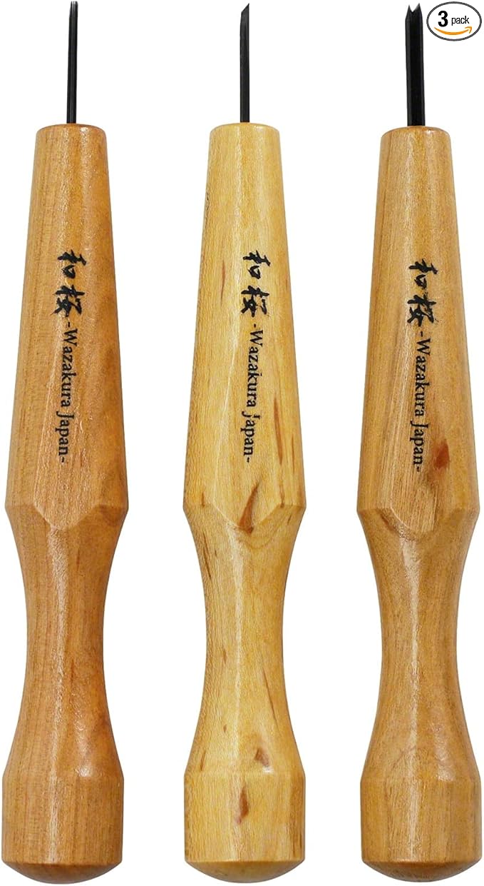 Wazakura 3PCS Bonsai Chisel Kit with Round Gouge, Single Bevel Skewed and V-Parting Tool, Hand Carving Tool Set for Jin Shari Making, Woodworking Knife Pack - Mini Size