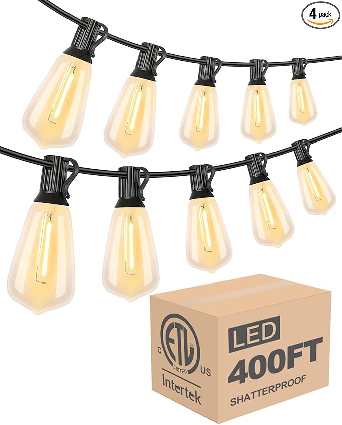 Lightdot LED Outdoor String Lights 400FT Patio Lights with 128 Shatterproof ST38 Vintage Edison Bulbs, Outside Hanging Light Waterproof for Porch, Deck, Garden, Backyard, Balcony, Dimmable- ETL Listed