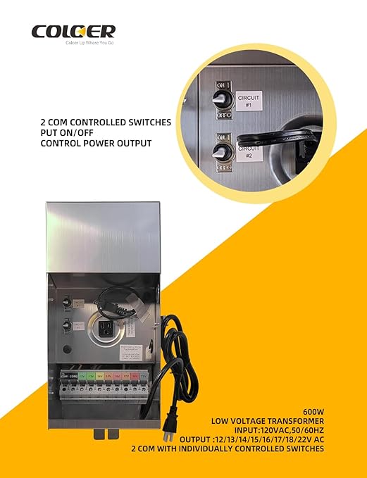 COLOER 600W Low Voltage Landscape Transformer with Timer&Photocell, 120V AC to 12V/13V/14V/15V/16V/17V/18V/22V Multi-Tap Stainless Steels Weatherproof Landscape Lighting Transformer Outdoor