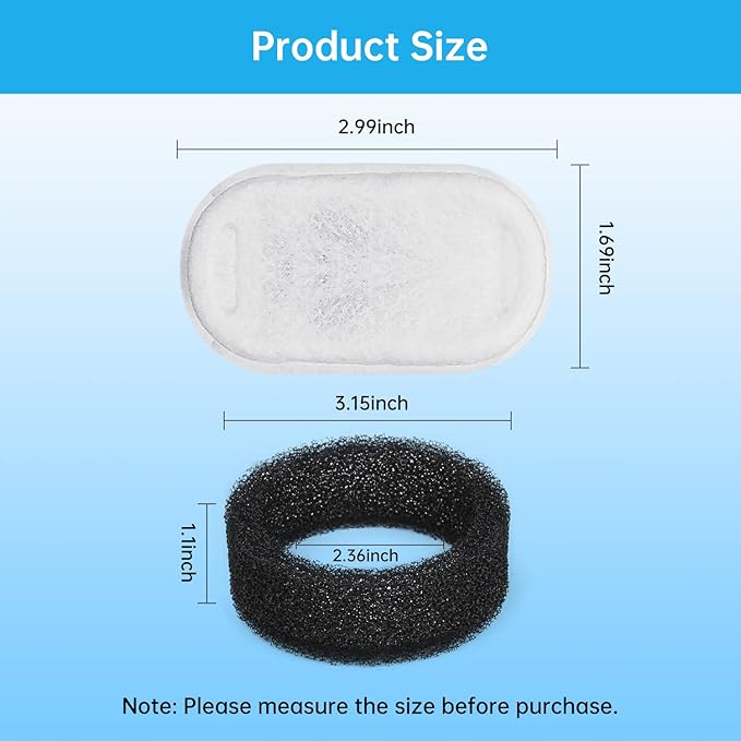 Cat Water Fountain Filters, 12 Pack Replacement Filters & Pre-Filter Sponges for 3.2L/108Oz & 67oz/2L Stainless Steel Pet Fountain, Carbon Filters for Automatic Cat Water Dispenser Water