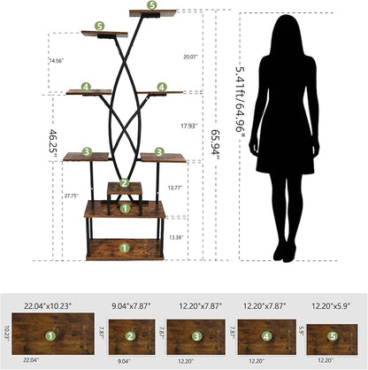 Plant Stand Indoor with Grow Lights - 9 Tiered 66" Tall Metal Plant Shelf, Curved Plant Stand with Adjustable Feets for Multiple Plants, Corner Flower Shelf for Living Room, Patio