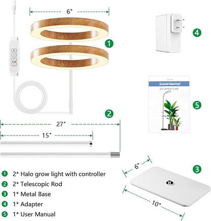 Dual Head Grow Light for Indoor Plants Full Spectrum - Floor Standing Plant Lamp with Auto Timer 6/12/18H, 5-Level Dimmable & Adjustable Height 16.5-68in for Large Tall Plants | Faux Wood Design