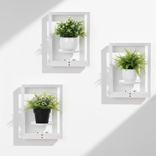 3 Pcs Wall Plant Holder Window Wooden Plant Shelves Photo Frame Planters Pot Holder Indoor Planters Wall Hanging Flower Pot Rack for Home Living Room Bedroom Entrance(Distressed White)