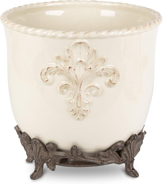Cream Stoneware Planter on Metal Acanthus Leaf Base.