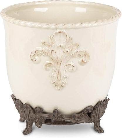 Cream Stoneware Planter on Metal Acanthus Leaf Base.