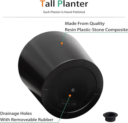 Wide Planters for Outdoor Plants, Extra Large Indoor Flower Pots for Garden, Front Porch, Patio - Round Resin Planter Set of 2 (Black, 16 inch - 2 Pack)