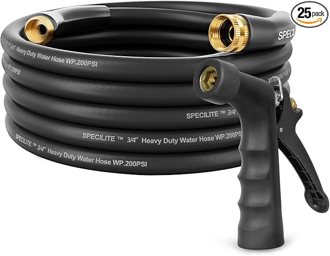 SPECILITE 3/4" Hot/Cold Garden Hose 25 ft with Industrial High Pressure Nozzle, Flexible & Lightweight, 600psi Burst Rubber Water hose -50℉-158℉ With 3/4" Brass Fittings for Yard, Black