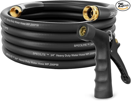 SPECILITE 3/4" Hot/Cold Garden Hose 25 ft with Industrial High Pressure Nozzle, Flexible & Lightweight, 600psi Burst Rubber Water hose -50℉-158℉ With 3/4" Brass Fittings for Yard, Black
