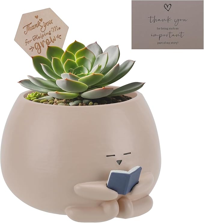 Bookworm Planter Pot Succulent Pot for Book and Plant Lover & Thank You Card, Emotional Support Gift, End of School Gifts, Teacher Gift Mother Dad Appreciation