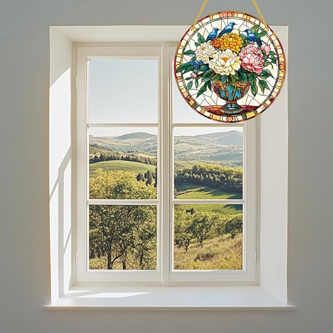 Acrylic Stained Window Hanging Flowers Art Acrylic Decoration for Indoor Outdoor Home Bar Office Garden Plastic Ornament Decor 8x8 Inch