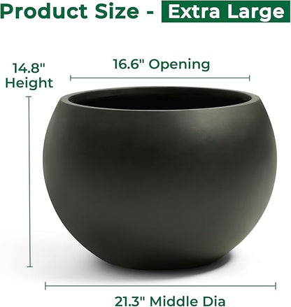 21.3" D Fiberstone Extra Large Planter, Black 16.6" Pot Opening x 14.8" H, Spherical Flower Pot with Drainage Hole, Weather Resistance Indoor Outdoor Planters