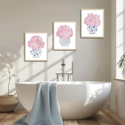 CHMMART 3 Piece Pink Floral Framed Wall Art Blue and White Chinoiserie Flower Canvas Art Prints Peony Pictures Wall Decor Painting Artwork for Living Room Bedroom Bathroom 16x20in